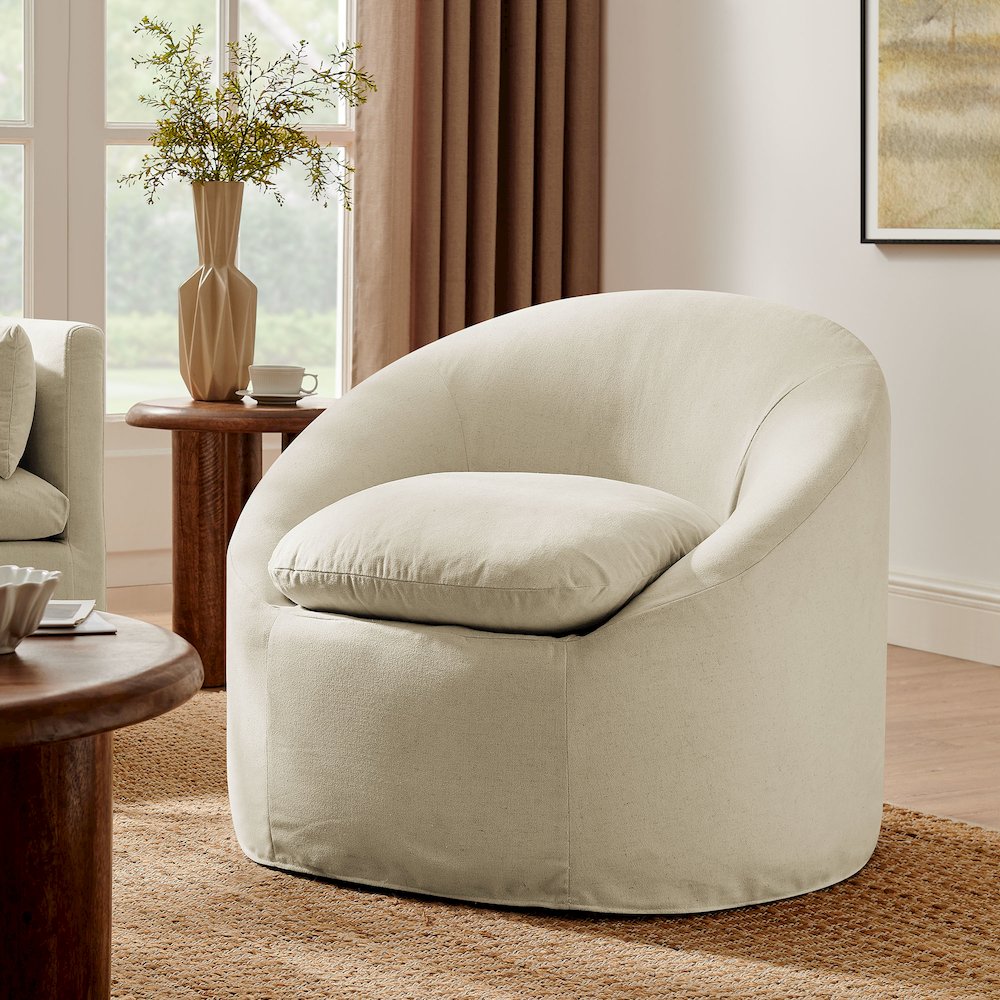 Sadie Slipcovered Linen-Blend Round Accent Chair - Linen
