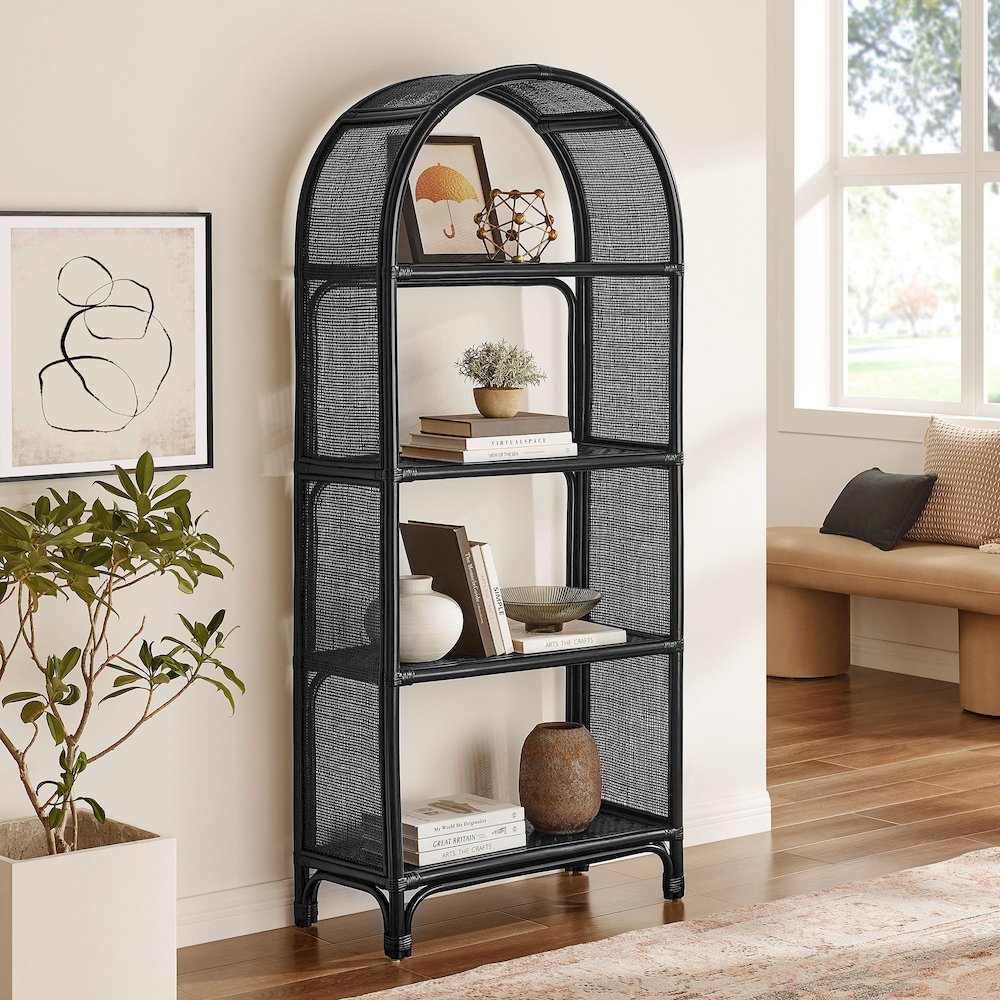 Celeste 67 Inch Tall Arched Natural Rattan Bookshelf