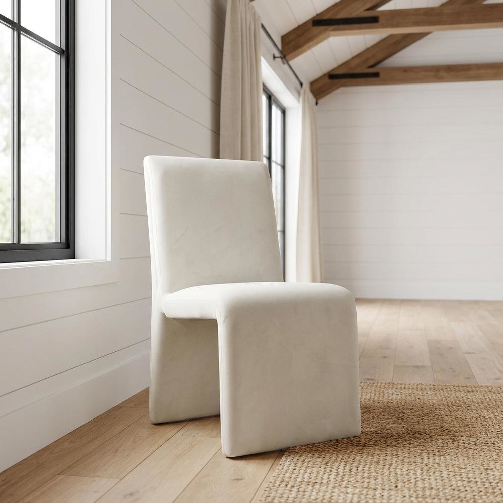 Upholstered Performance Velvet Dining Side Chair, Alabaster