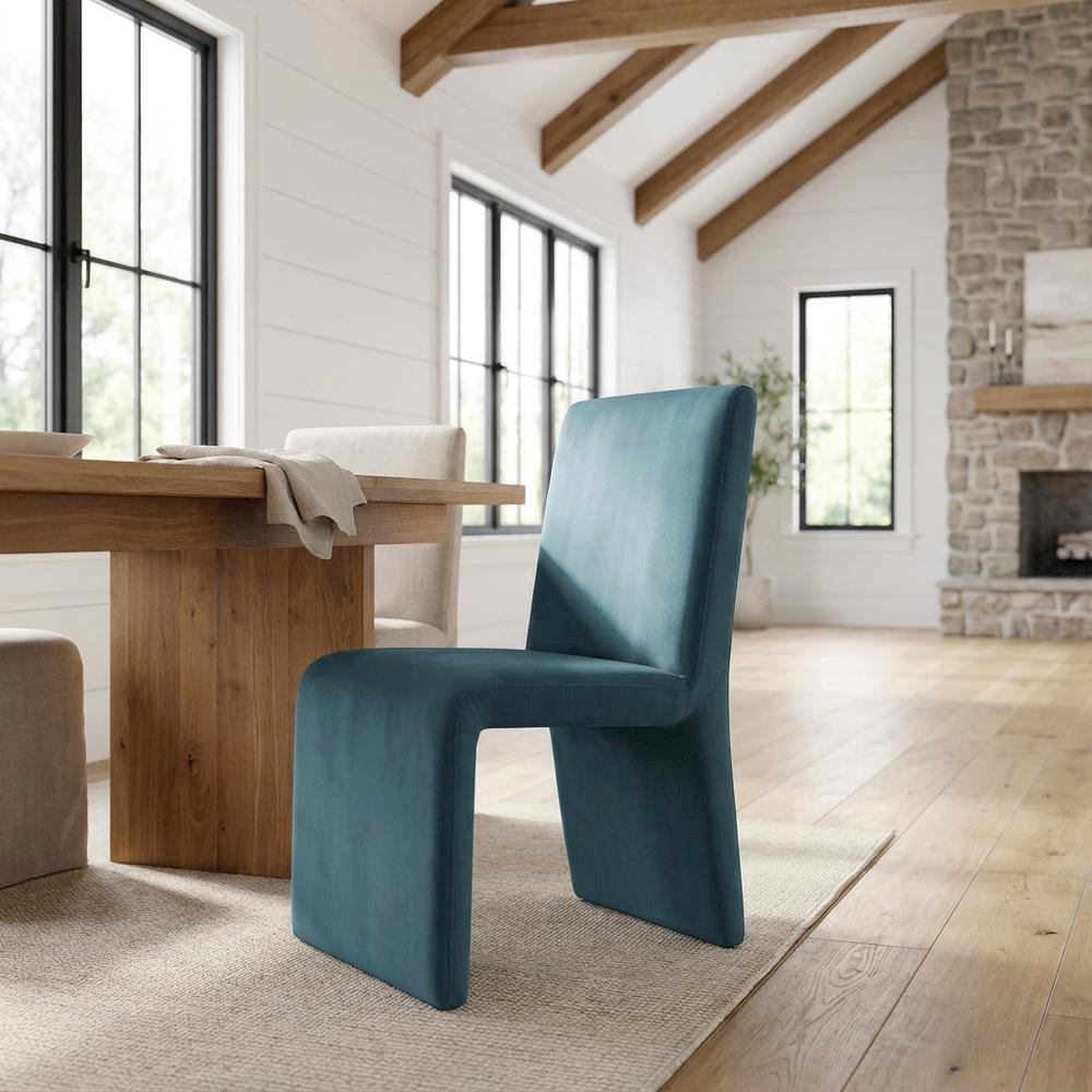 Upholstered Performance Velvet Dining Side Chair, Cadet Blue