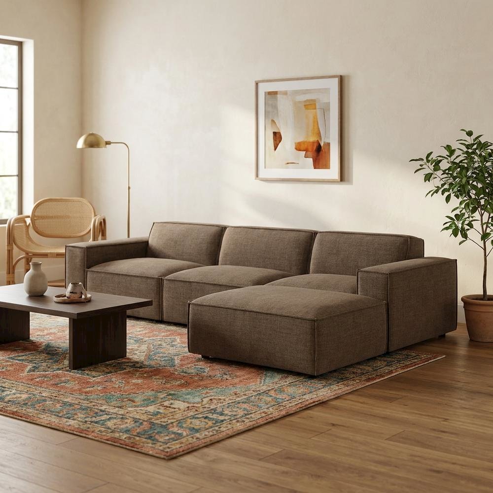 Performance Fabric Modular Sectional Sofa with Ottoman for Living Room, Mocha