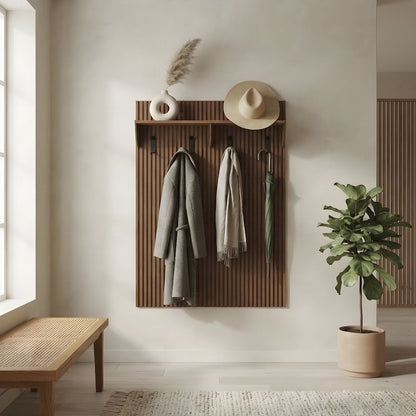 Fluted Wood Panel Wall-Mounted Coat Rack with Shelf and Hooks, Walnut