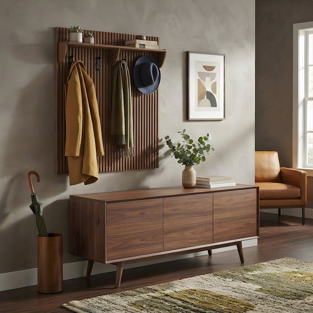 Fluted Wood Panel Wall-Mounted Coat Rack with Shelf and Hooks, Walnut