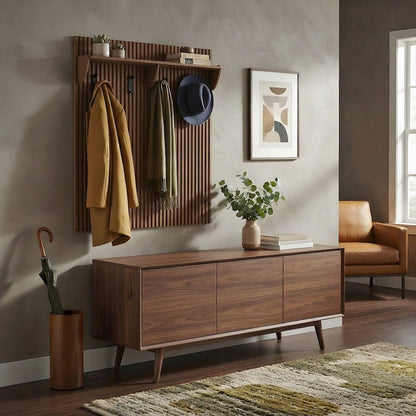 Fluted Wood Panel Wall-Mounted Coat Rack with Shelf and Hooks, Walnut