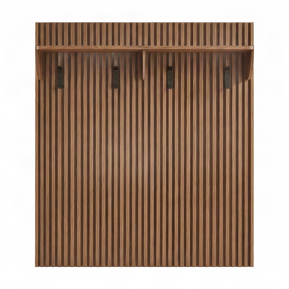 Fluted Wood Panel Wall-Mounted Coat Rack with Shelf and Hooks, Walnut