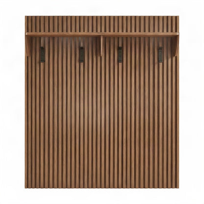 Fluted Wood Panel Wall-Mounted Coat Rack with Shelf and Hooks, Walnut