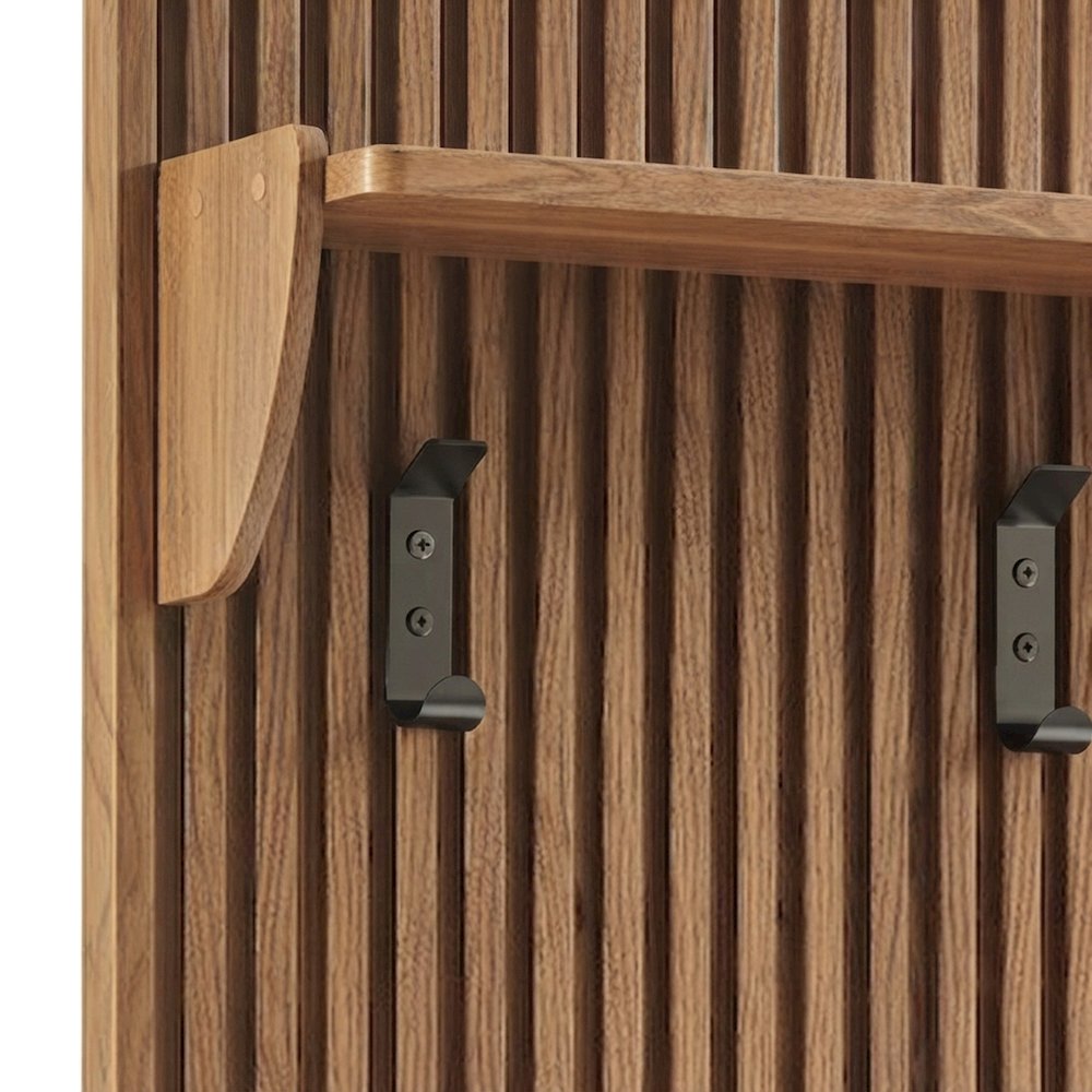 Fluted Wood Panel Wall-Mounted Coat Rack with Shelf and Hooks, Walnut