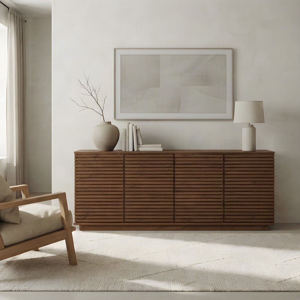 4-Door Fluted Sideboard Buffet Cabinet with Adjustable Shelf TV Stand, Walnut