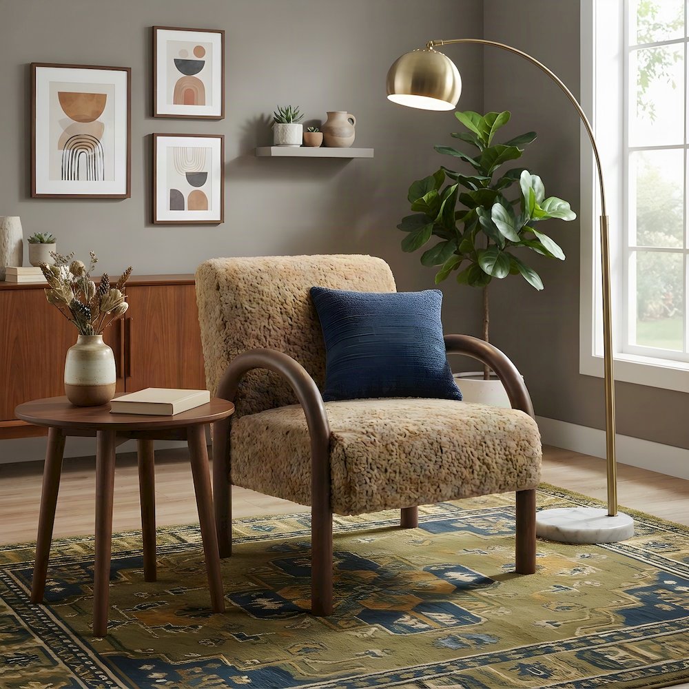 Faux Shearling Accent Armchair, Mid-Century Modern Reading Chair, Sand