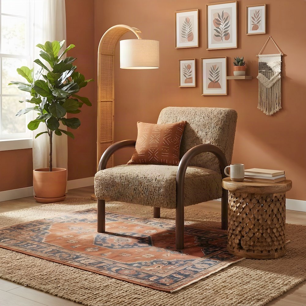 Faux Shearling Accent Armchair, Mid-Century Modern Reading Chair, Sand
