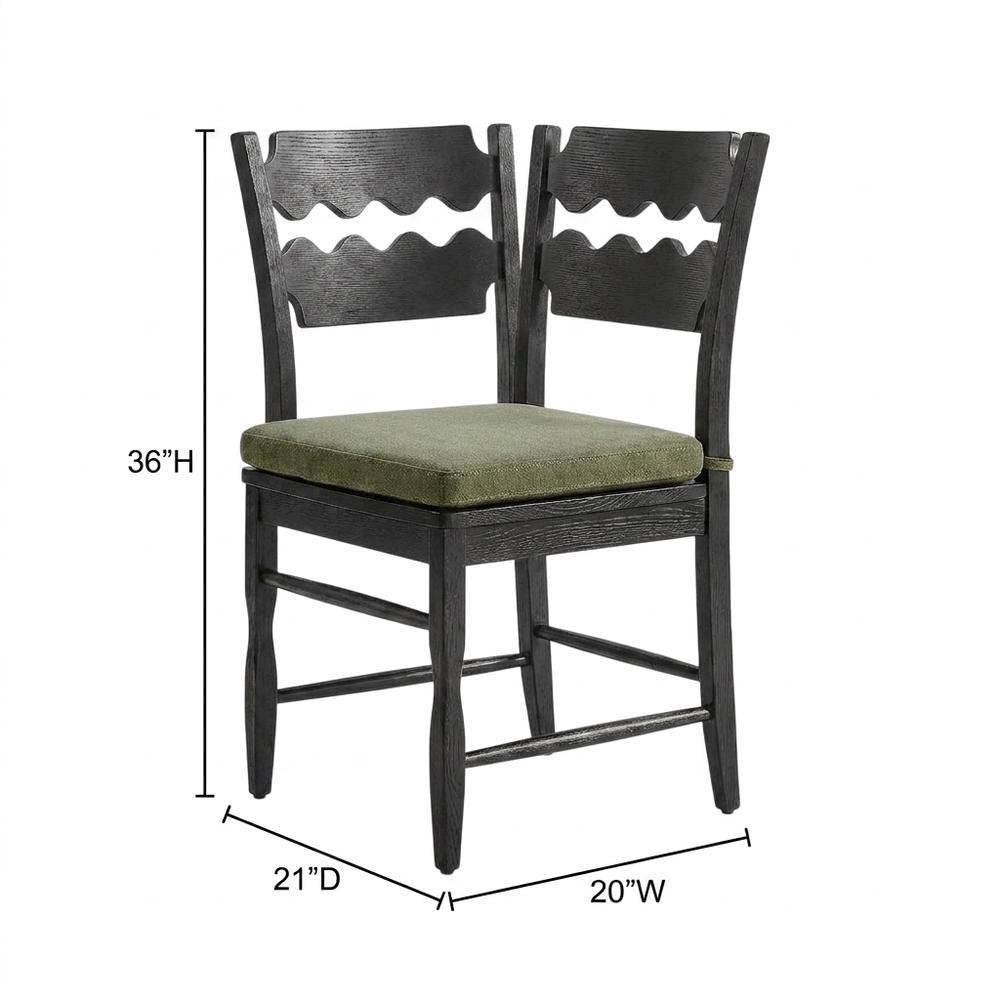 Oak Wood Dining Chair with Wavy Razor Back and Seat Cushion, Black Sage