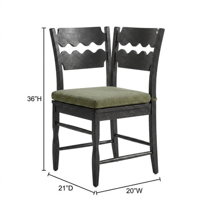 Oak Wood Dining Chair with Wavy Razor Back and Seat Cushion, Black Sage