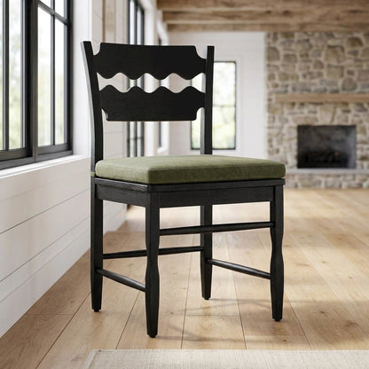 Oak Wood Dining Chair with Wavy Razor Back and Seat Cushion, Black Sage