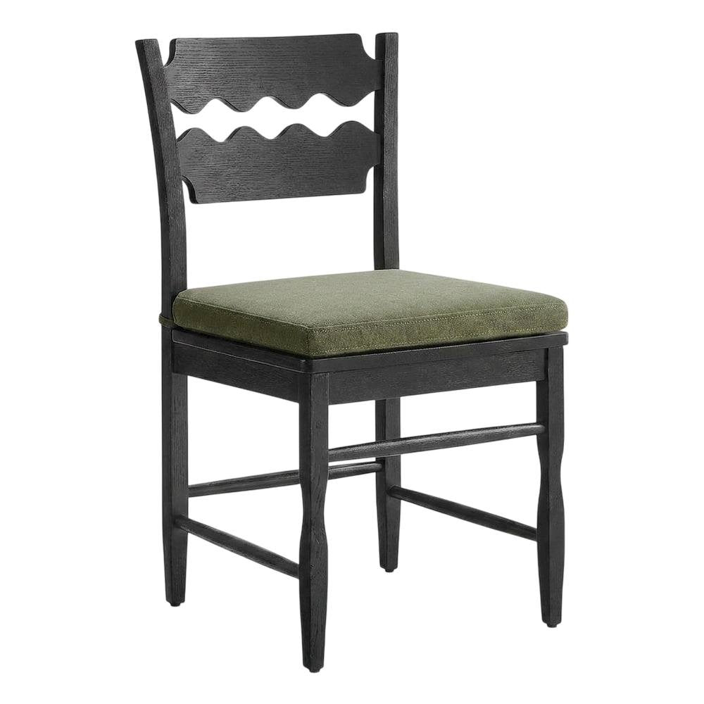 Oak Wood Dining Chair with Wavy Razor Back and Seat Cushion, Black Sage