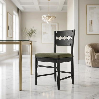 Oak Wood Dining Chair with Wavy Razor Back and Seat Cushion, Black Sage