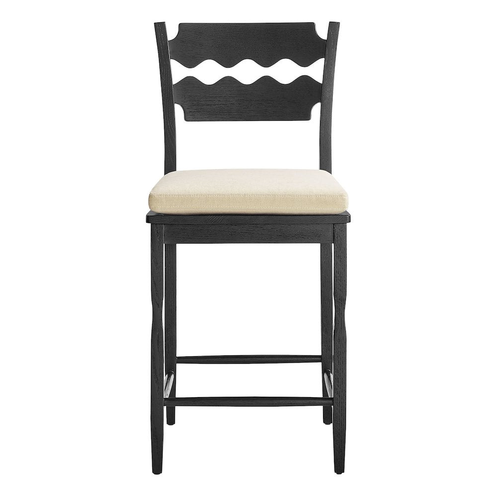 Jax Oak Wood Counter Stool With Wavy Razor Back and Cushion