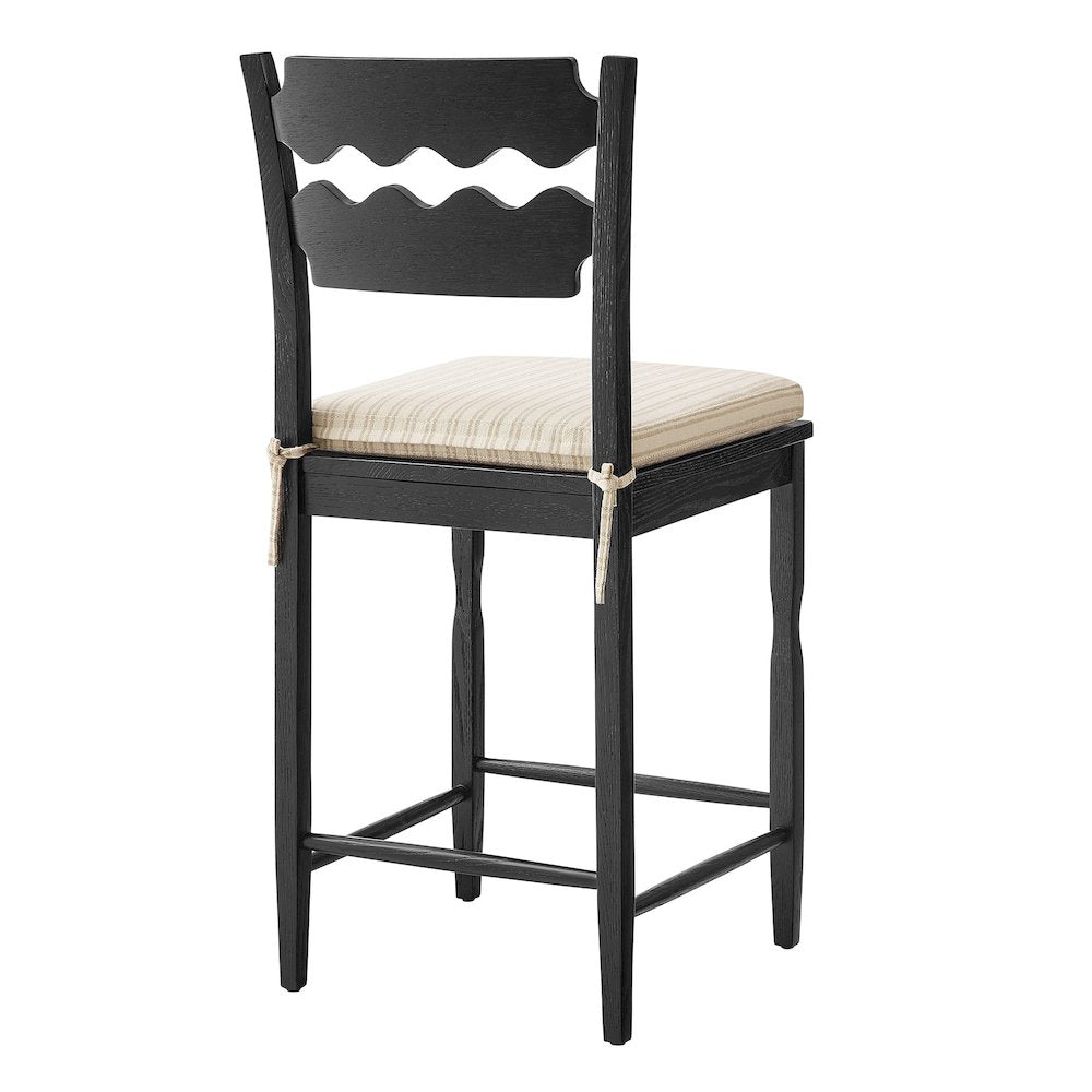 Jax Oak Wood Counter Stool With Wavy Razor Back and Cushion