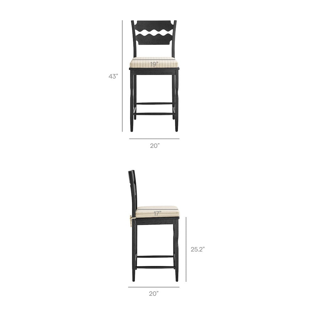 Jax Oak Wood Counter Stool With Wavy Razor Back and Cushion