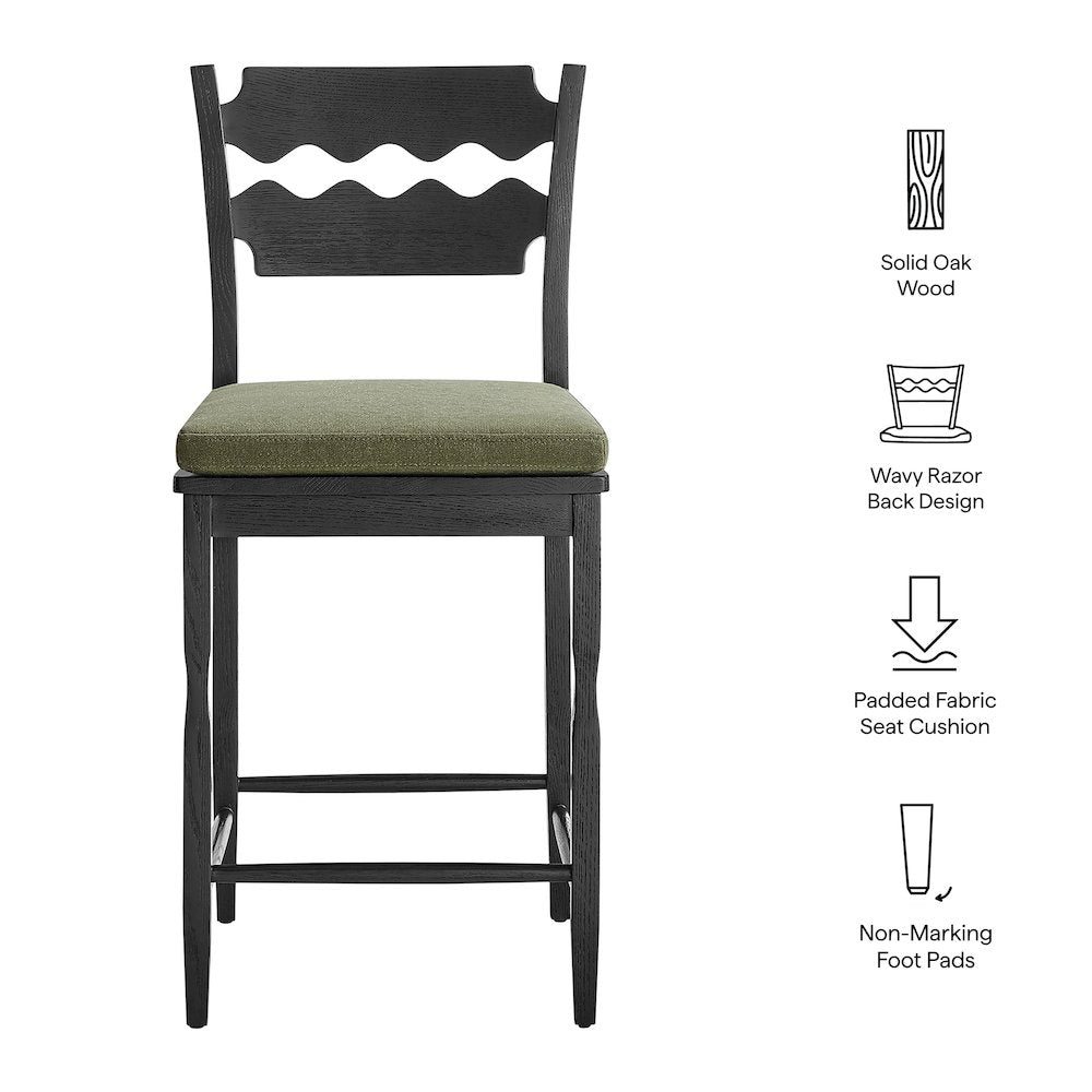 Jax Oak Wood Counter Stool With Wavy Razor Back and Cushion