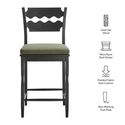 Jax Oak Wood Counter Stool With Wavy Razor Back and Cushion
