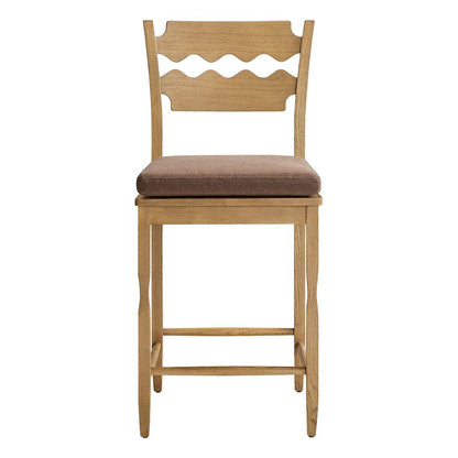 Jax Oak Wood Counter Stool With Wavy Razor Back and Cushion