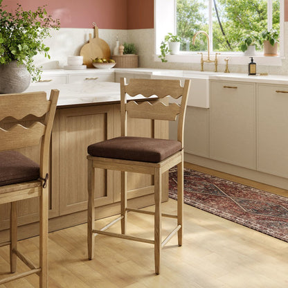 Jax Oak Wood Counter Stool With Wavy Razor Back and Cushion