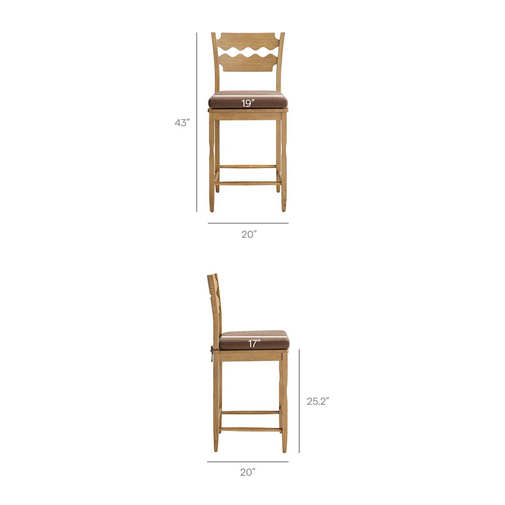 Jax Oak Wood Counter Stool With Wavy Razor Back and Cushion