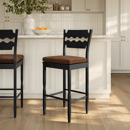 Jax Oak Wood Bar Stool With Wavy Razor Back and Cushion
