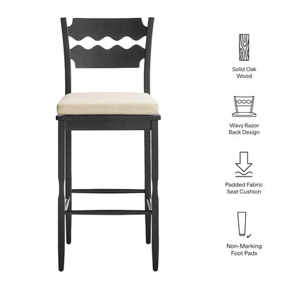 Jax Oak Wood Bar Stool With Wavy Razor Back and Cushion