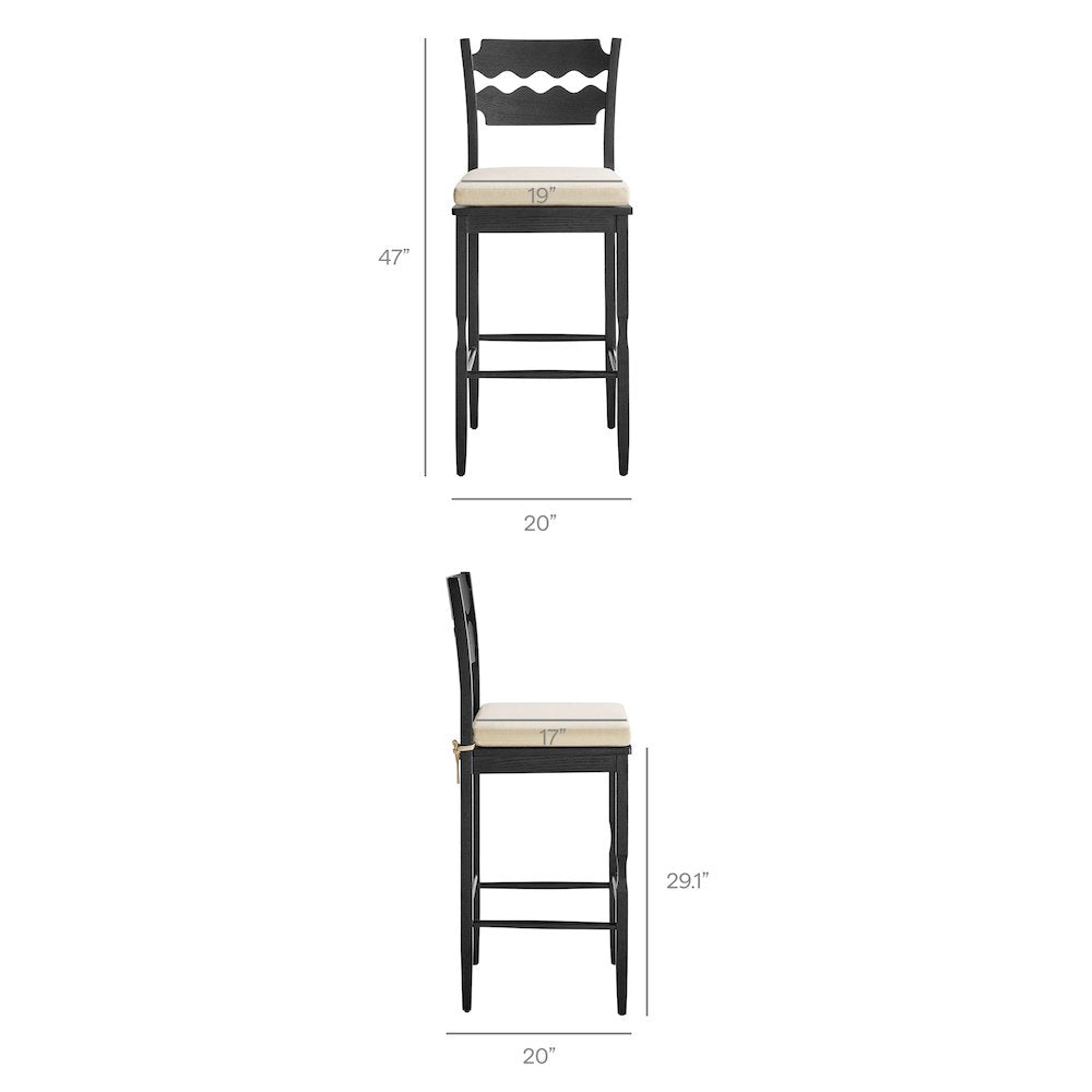 Jax Oak Wood Bar Stool With Wavy Razor Back and Cushion