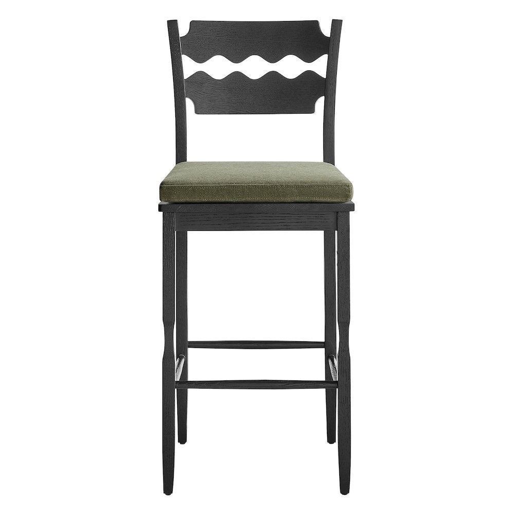 Jax Oak Wood Bar Stool With Wavy Razor Back and Cushion