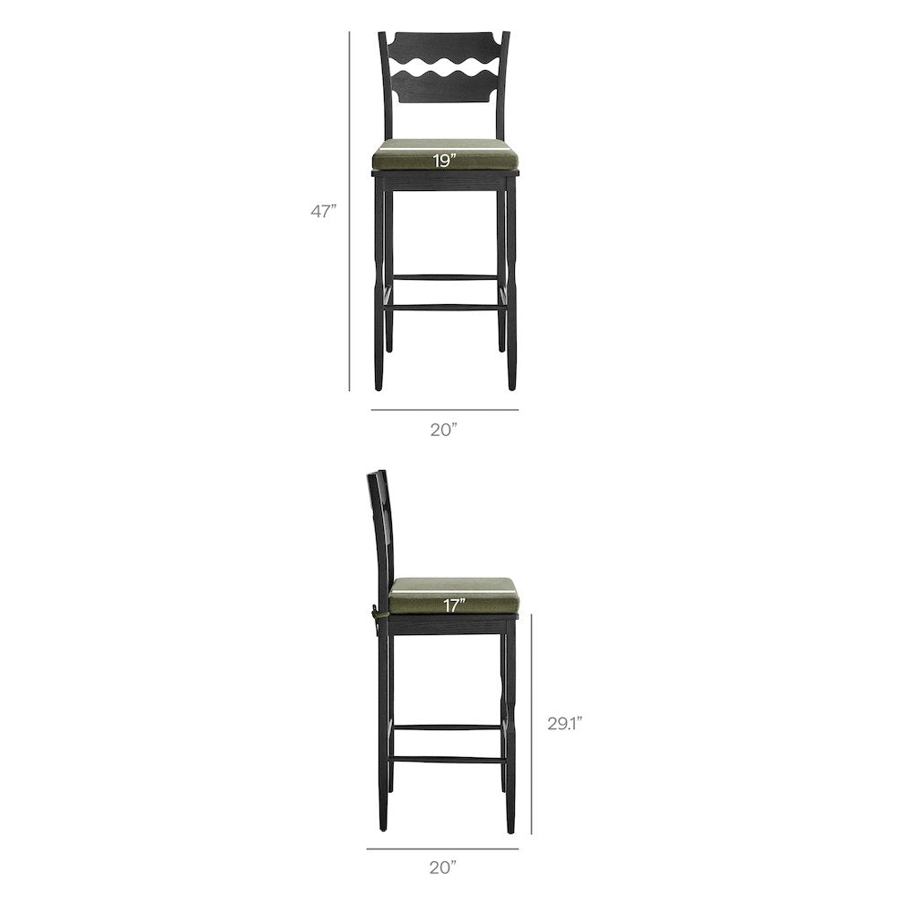 Jax Oak Wood Bar Stool With Wavy Razor Back and Cushion