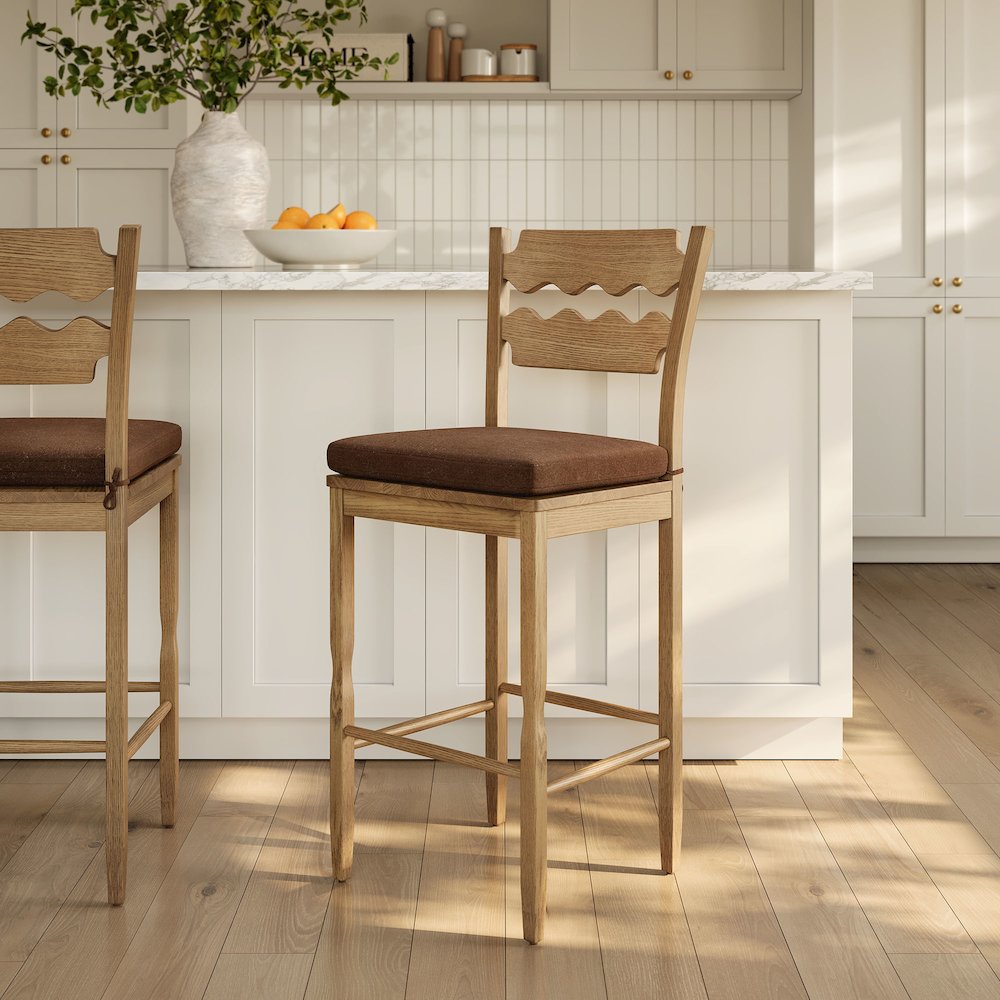 Jax Oak Wood Bar Stool With Wavy Razor Back and Cushion