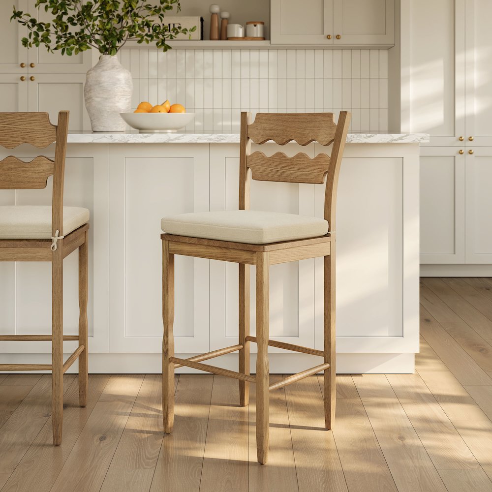 Jax Oak Wood Bar Stool With Wavy Razor Back and Cushion