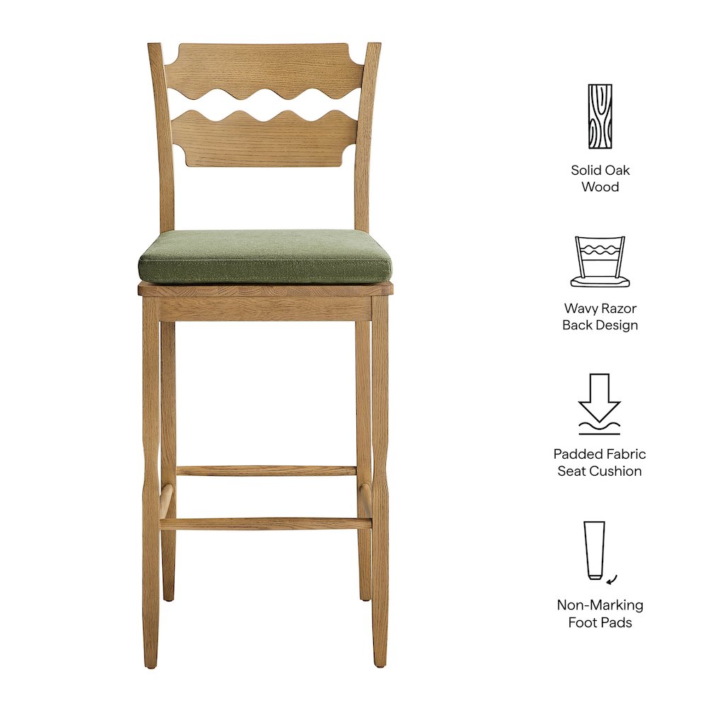 Jax Oak Wood Bar Stool With Wavy Razor Back and Cushion