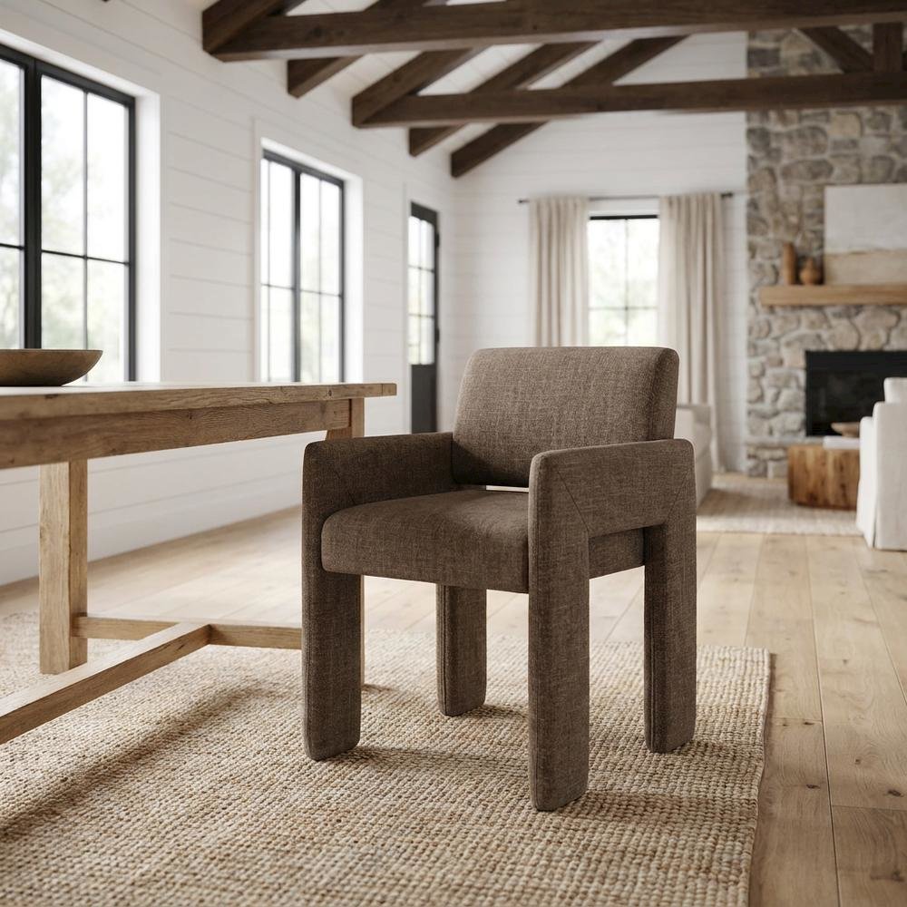 Fabric-Upholstered Dining Chair with Arms and Thick Cushion for Kitchen, Mocha