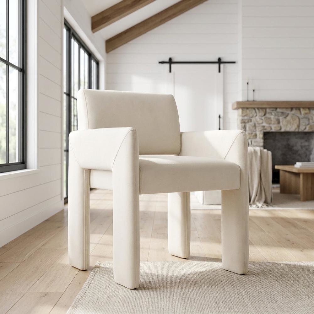 Performance Velvet Dining Armchair with Stain-Resistant Fabric, Alabaster