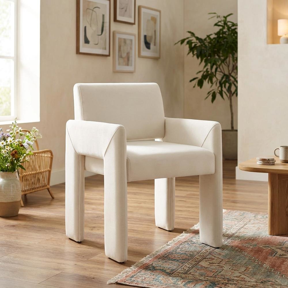 Performance Velvet Dining Armchair with Stain-Resistant Fabric, Alabaster