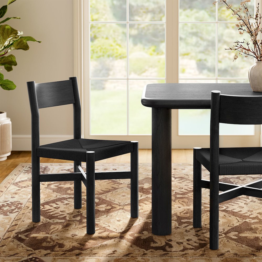 Alvia Oak Wood Dining Side Chair With Woven Seat - Black