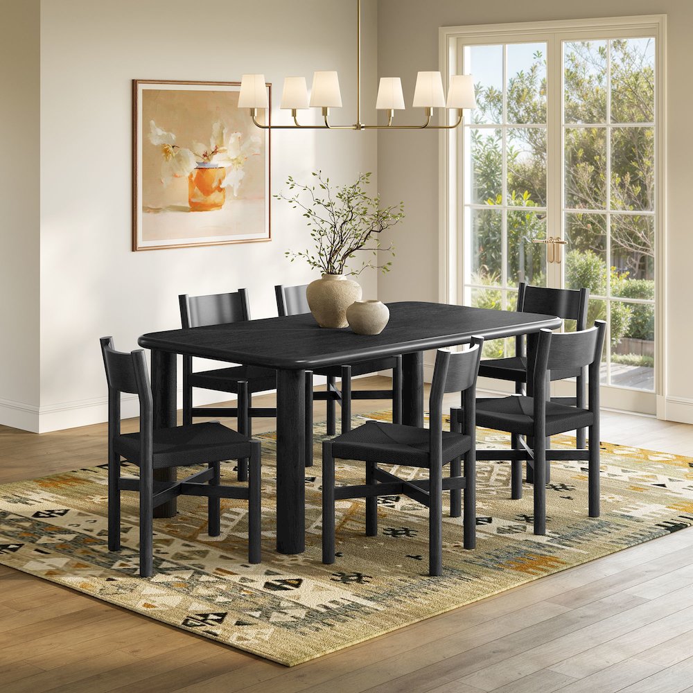Alvia 7-Piece Oak Wood Dining Table and Chairs Set - Black
