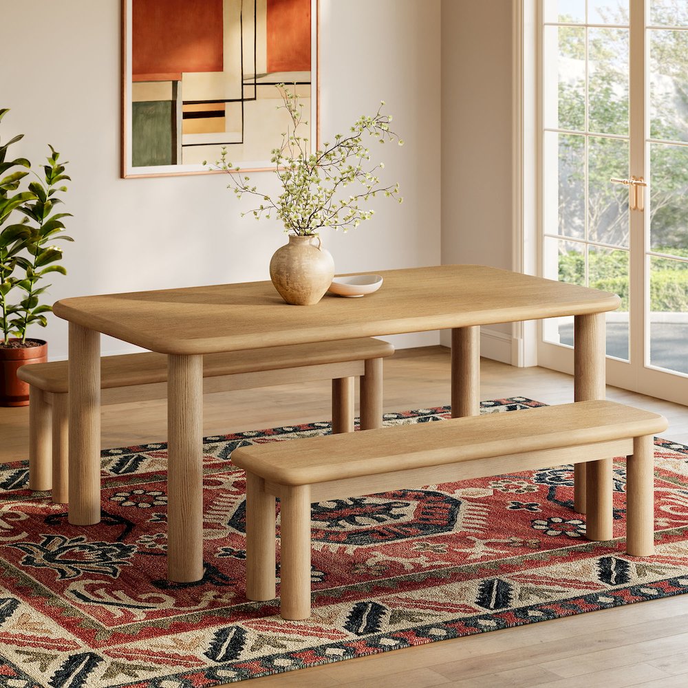 Alvia 3-Piece Oak Wood Dining Table and Benches Set - Weathered Oak