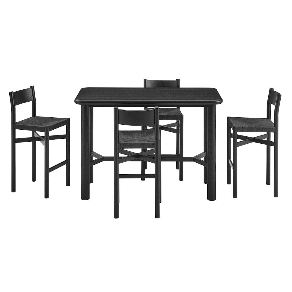 Alvia 5-Piece Rectangular Oak Wood Bar Table With Bar Stools Set - Black