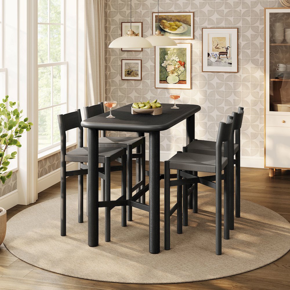 Alvia 5-Piece Rectangular Oak Wood Bar Table With Bar Stools Set - Black