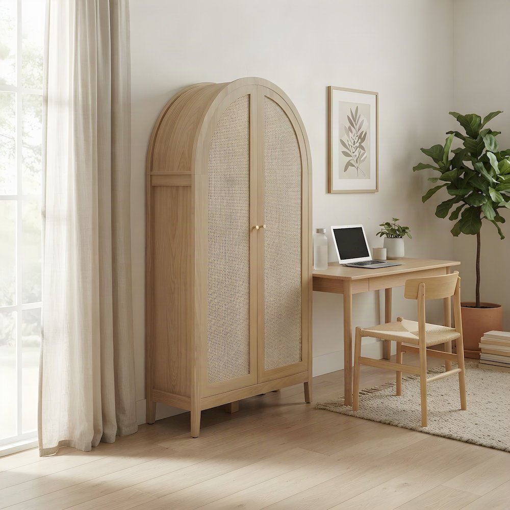 Tall Arched Rattan Wood Storage Cabinet with Hidden Folding Desk, Oak