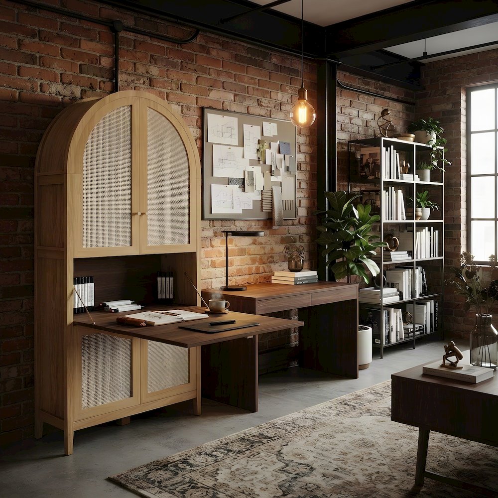 Tall Arched Rattan Wood Storage Cabinet with Hidden Folding Desk, Oak
