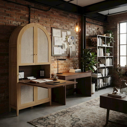 Tall Arched Rattan Wood Storage Cabinet with Hidden Folding Desk, Oak