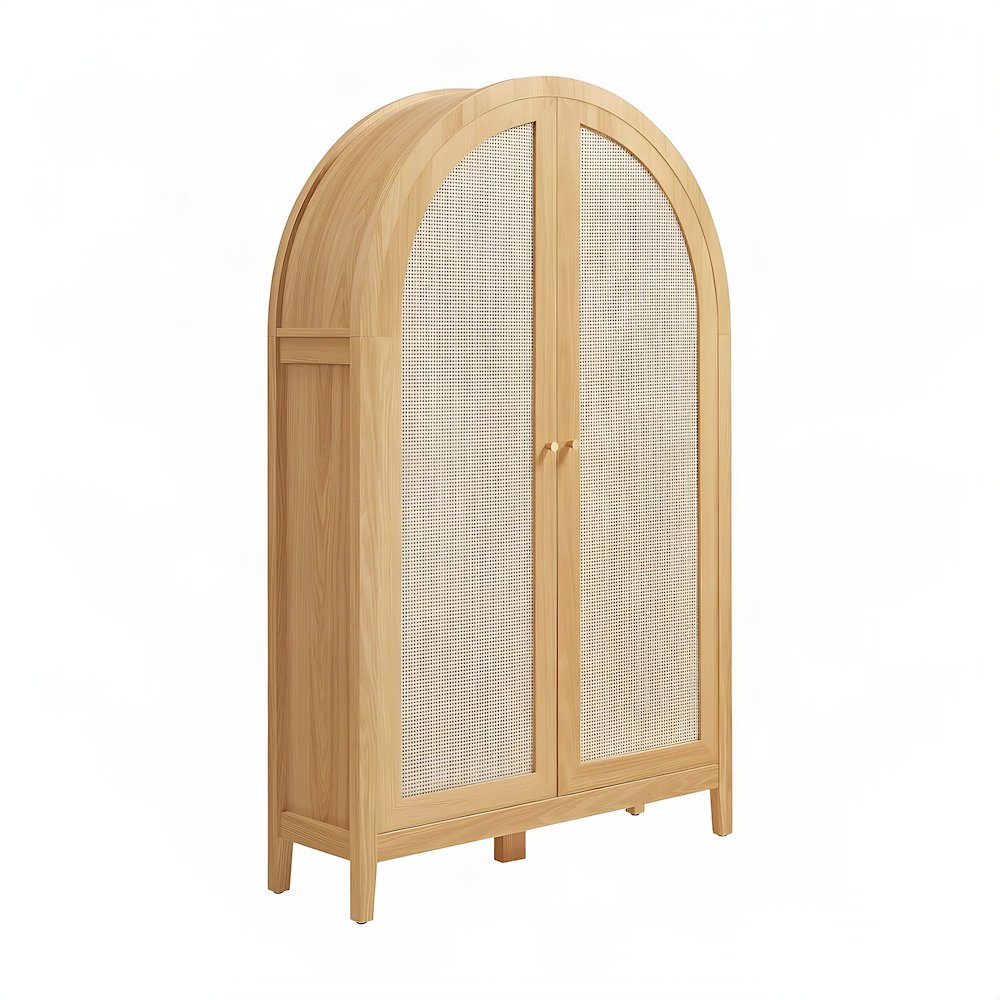 Tall Arched Rattan Wood Storage Cabinet with Hidden Folding Desk, Oak