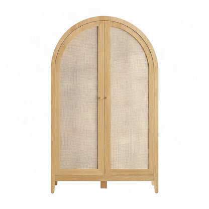 Tall Arched Rattan Wood Storage Cabinet with Hidden Folding Desk, Oak