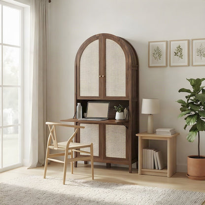 Tall Arched Rattan Wood Storage Cabinet with Hidden Folding Desk, Walnut