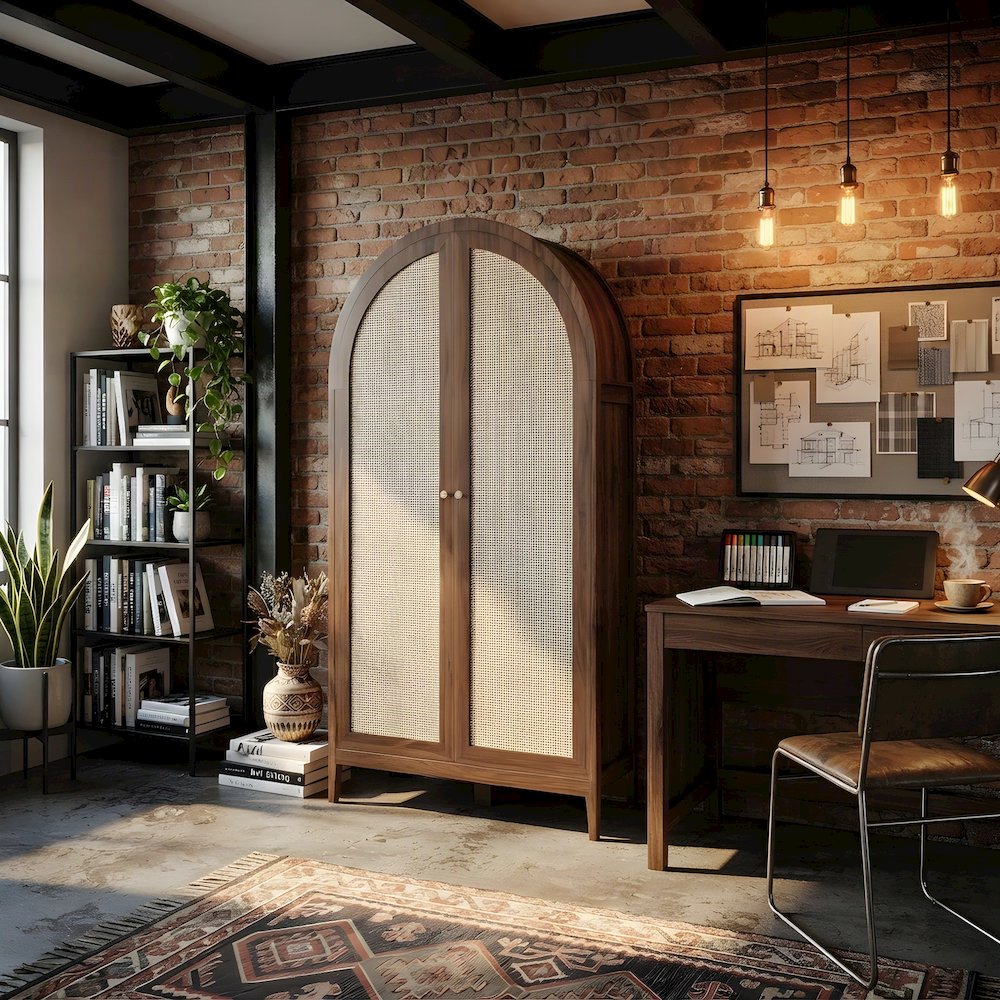 Tall Arched Rattan Wood Storage Cabinet with Hidden Folding Desk, Walnut